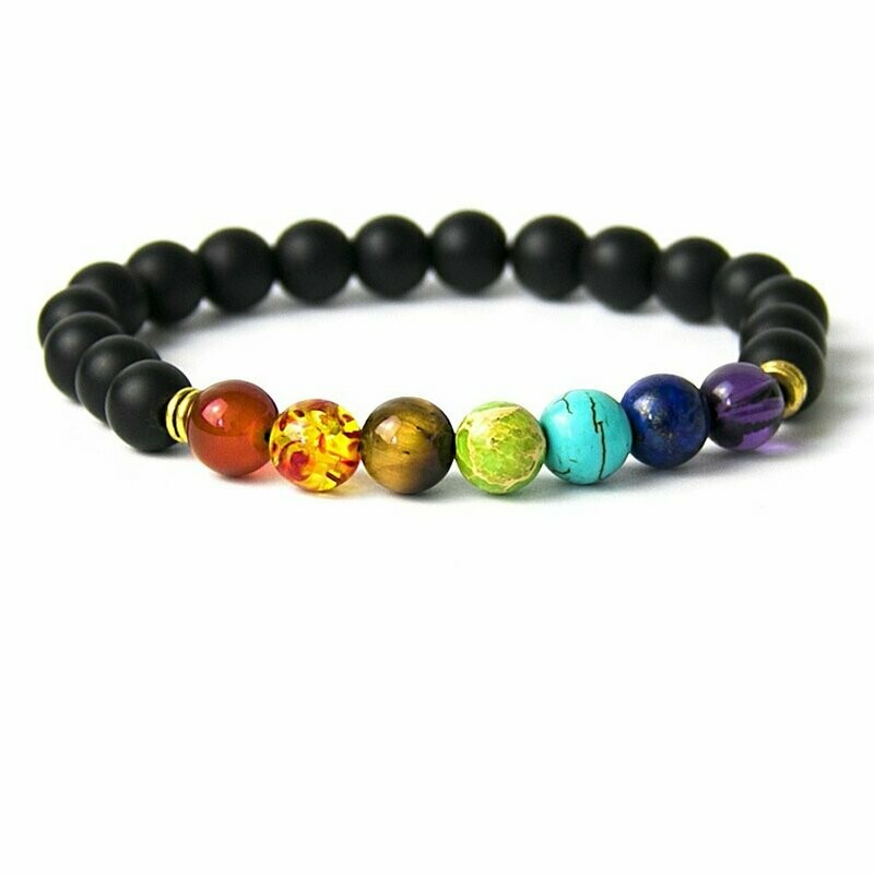 Bracelet d'harmonisation handmade en pierres fines naturelles, 7 perles thème des 7 chakras, et perles en onyx noir mat, diam : 5,5 cm, neuf - ?livraison gratuite - Bracelet d'harmonisation handmade en pierres fines naturelles, 7 perles thème des 7 chakras, et perles en onyx noir mat, diam : 5,5 cm, neuf - ?livraison gratuite -