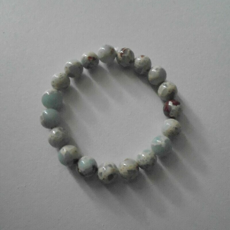 Bracelet handmade en pierre fine naturelle jaspe impériale, couleur bleu pâle, perles de 10 mm, diam : 5,5 cm, neuf