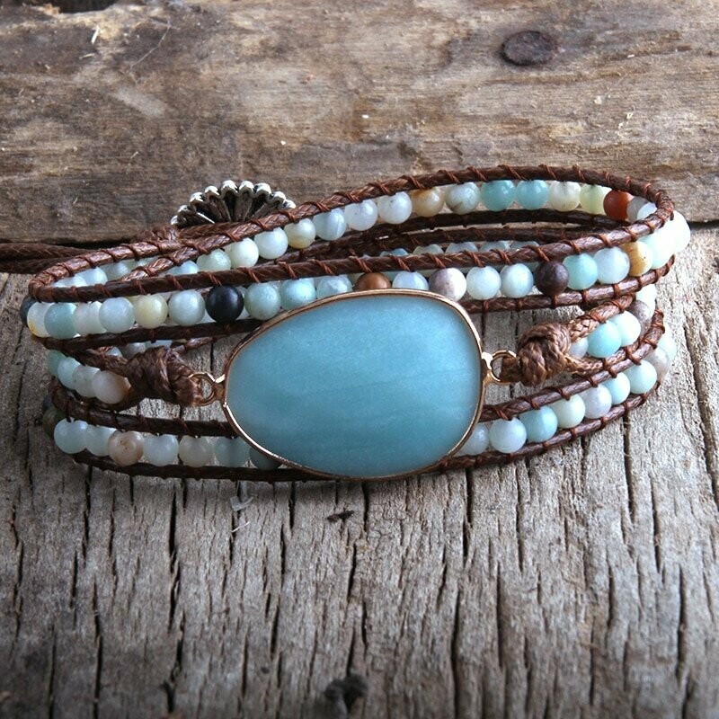 Bracelet handmade wrap avec perles et cabochon en pierre fine naturelle amazonite facettée, fermeture ajustable Bracelet handmade wrap avec perles et cabochon en pierre fine naturelle amazonite facettée, fermeture ajustable