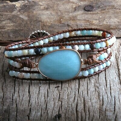 Bracelet handmade wrap avec perles et cabochon en pierre fine naturelle amazonite facettée, fermeture ajustable Bracelet handmade wrap avec perles et cabochon en pierre fine naturelle amazonite facettée, fermeture ajustable