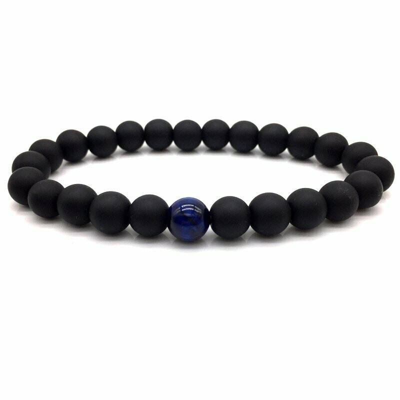 Bracelet handmade en pierre fine naturelle onyx noir mat et agate bleu marine, perles de 8 mm, diam : 5,5 cm, neuf