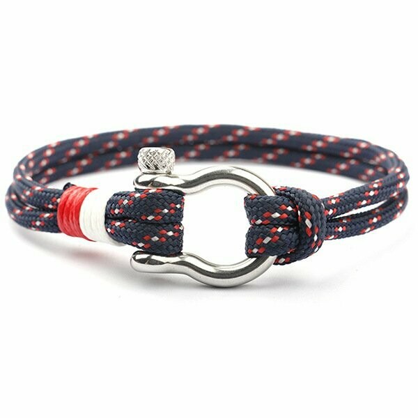 Bracelet marin handmade en tissu para-corde 2 rangs,  bleu et rouge, fermeture manille, neuf