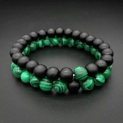 Set de 2 bracelets handmade en pierre synthétique malachite, couleur vert et onyx noir mat, perles de 8 mm, diam : 5,5 cm, neuf