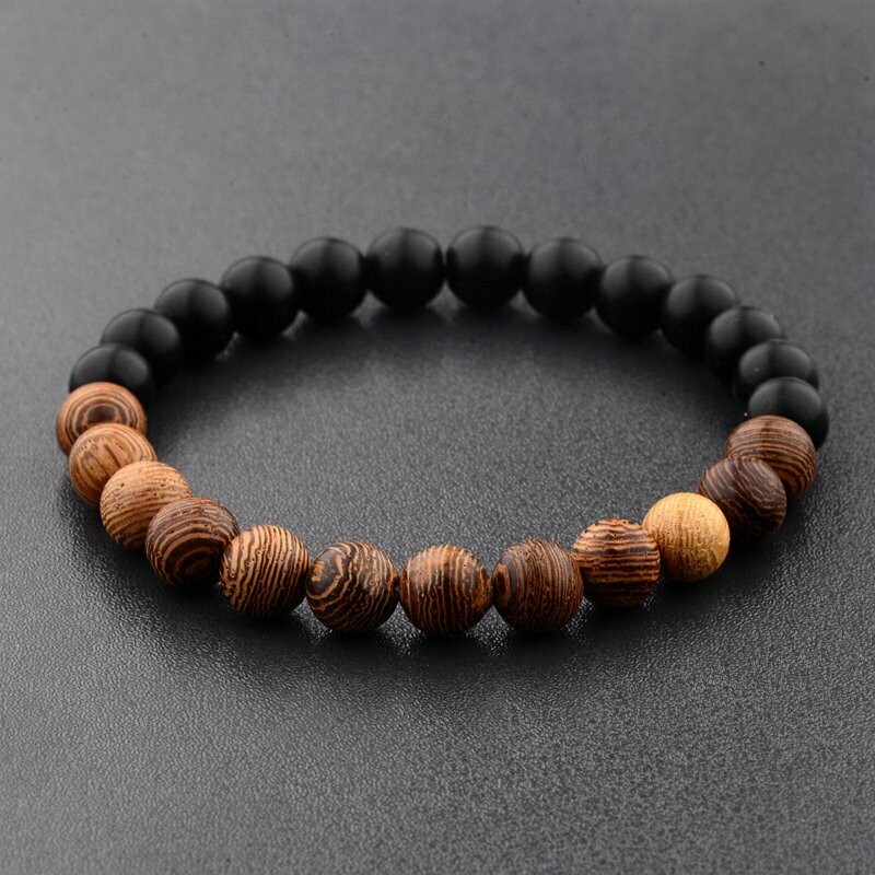 Bracelet handmade en pierre fine naturelle onyx noir mat et bois , perles de 8 mm, diam : 5,5 cm, neuf