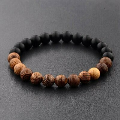 Bracelet handmade en pierre fine naturelle onyx noir mat et bois , perles de 8 mm, diam : 5,5 cm, neuf