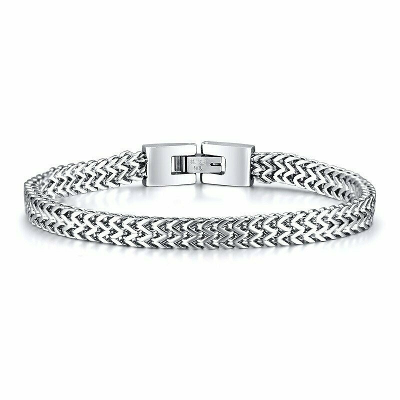 Bracelet  modèle maille 'blé' torsadé,  en acier inox argent,  longueur : 21 cm, neuf