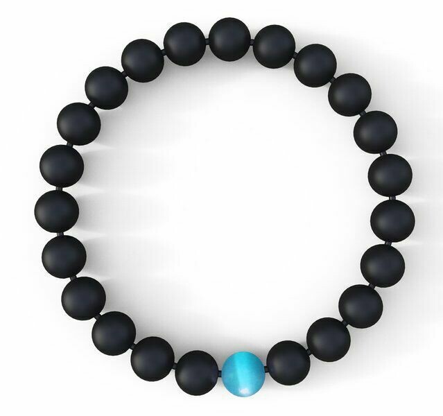 Bracelet handmade en pierre fine naturelle onyx noir mat et agate bleu clair, perles de 8 mm, diam : 5,5 cm, neuf