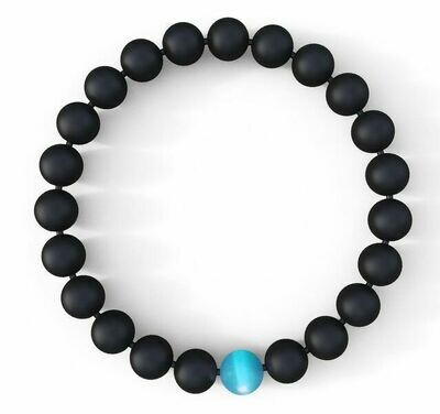 Bracelet handmade en pierre fine naturelle onyx noir mat et agate bleu clair, perles de 8 mm, diam : 5,5 cm, neuf