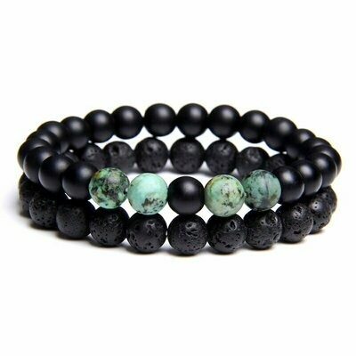 Set de 2 bracelets handmade en pierre fine naturelle onyx noir mat et turquoise africaine, pierre de lave, perles de 8 mm, diam : 5,5 cm, neuf Set de 2 bracelets handmade en pierre fine naturelle onyx noir mat et turquoise africaine, pierre de lave, perles de 8 mm, diam : 5,5 cm, neuf