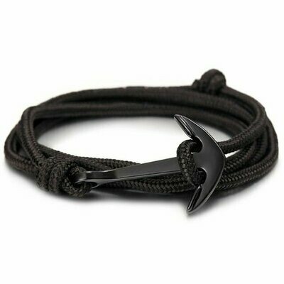 Bracelet marin handmade multi-rangs, en tissu para-corde, couleur noire, fermeture ancre en acier noir, neuf