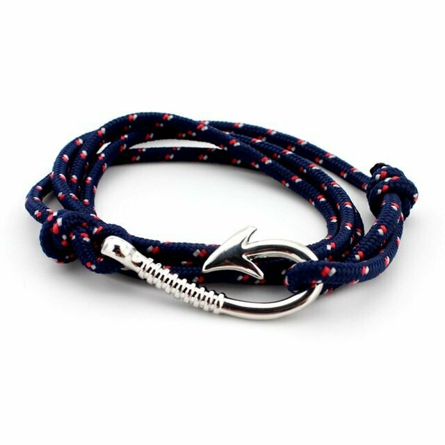 Bracelet marin handmade multi-rangs, en tissu para-corde,  bleu et rouge, fermeture ancre en acier, neuf