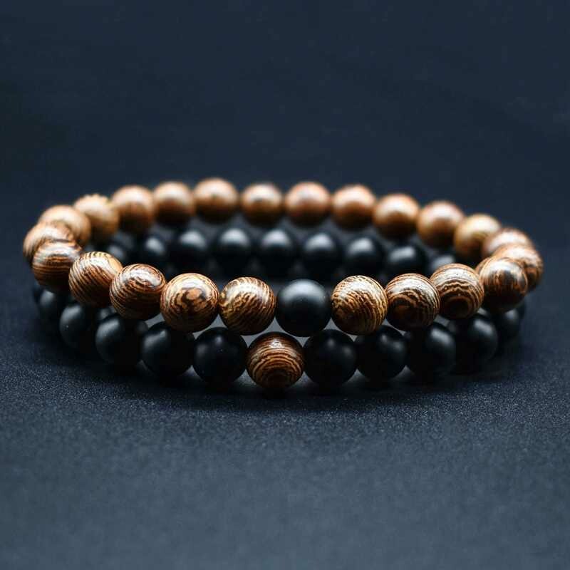 Set de 2 bracelets handmade en pierre fine naturelle onyx noir mat et en bois, perles de 8 mm, diam : 5,5 cm, neuf