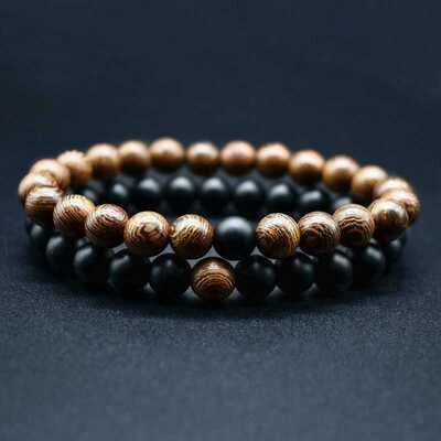 Set de 2 bracelets handmade en pierre fine naturelle onyx noir mat et en bois, perles de 8 mm, diam : 5,5 cm, neuf