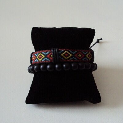 Set de 2 bracelets handmade en pierre fine naturelle onyx noir mat et tissu couleur, perles de 8 mm, diam : 5,5 cm, neuf