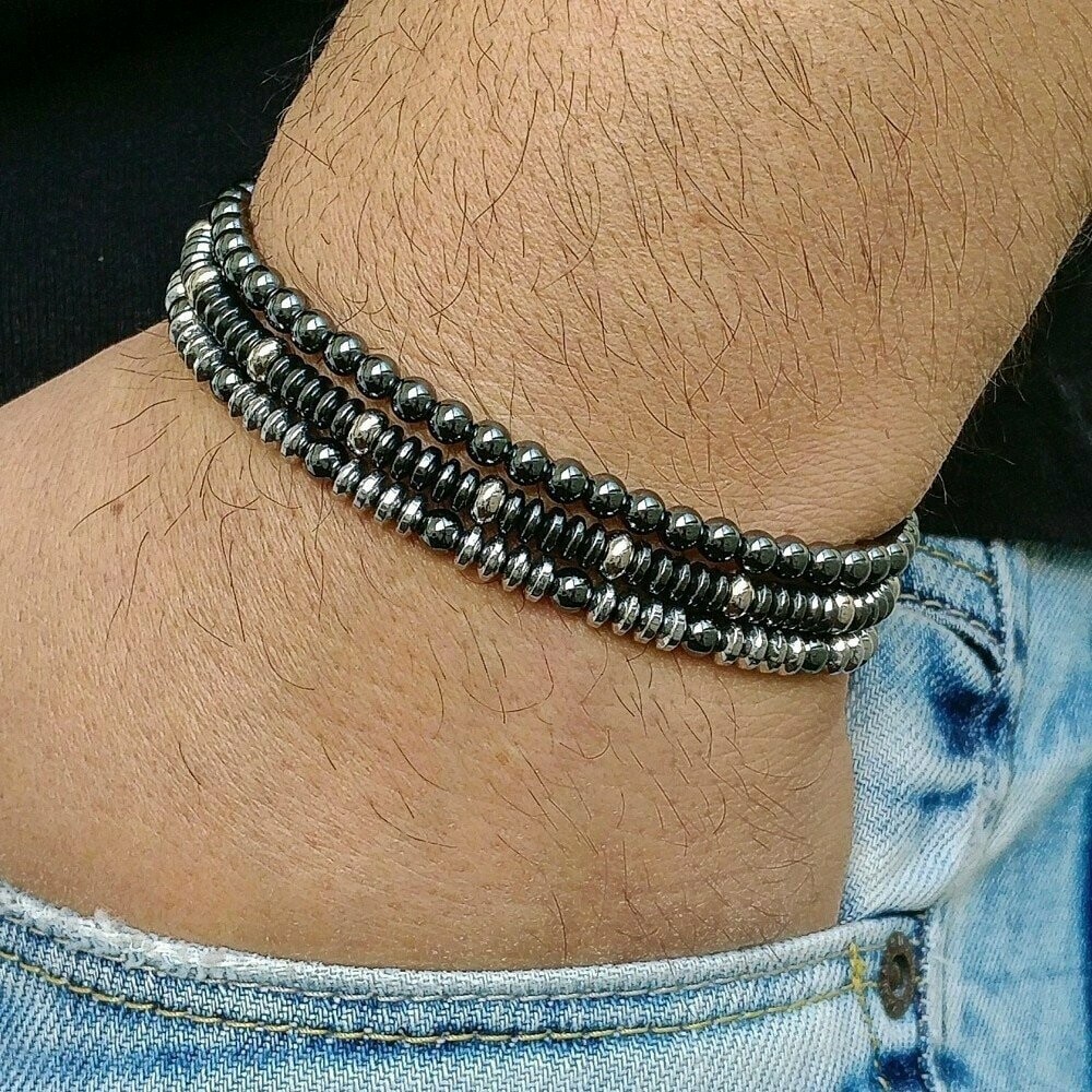 Set de 3 bracelets handmade, en pierre naturelle hématite, perles de 8 mm, diam : 5,5 cm, neuf