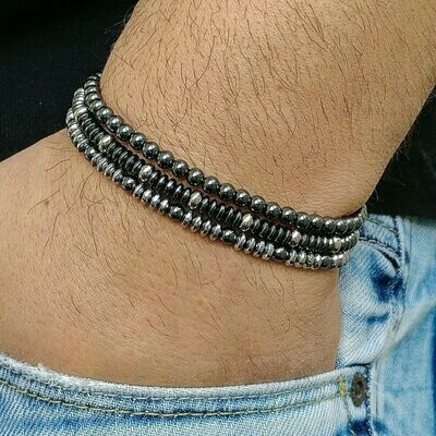 Set de 3 bracelets handmade, en pierre naturelle hématite, perles de 8 mm, diam : 5,5 cm, neuf