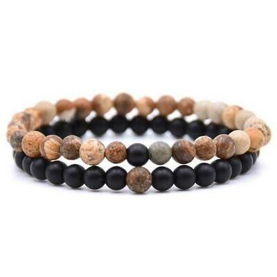 Set de 2 bracelets handmade en pierre fine naturelle onyx noir mat  et jaspe paysage, perles de 6 mm, diam : 5,5 cm, neuf