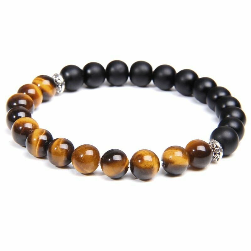 Bracelet handmade en pierre fine naturelle onyx noir mat  et oeil de tigre, perles de 8 mm, diam : 5,5 cm, neuf