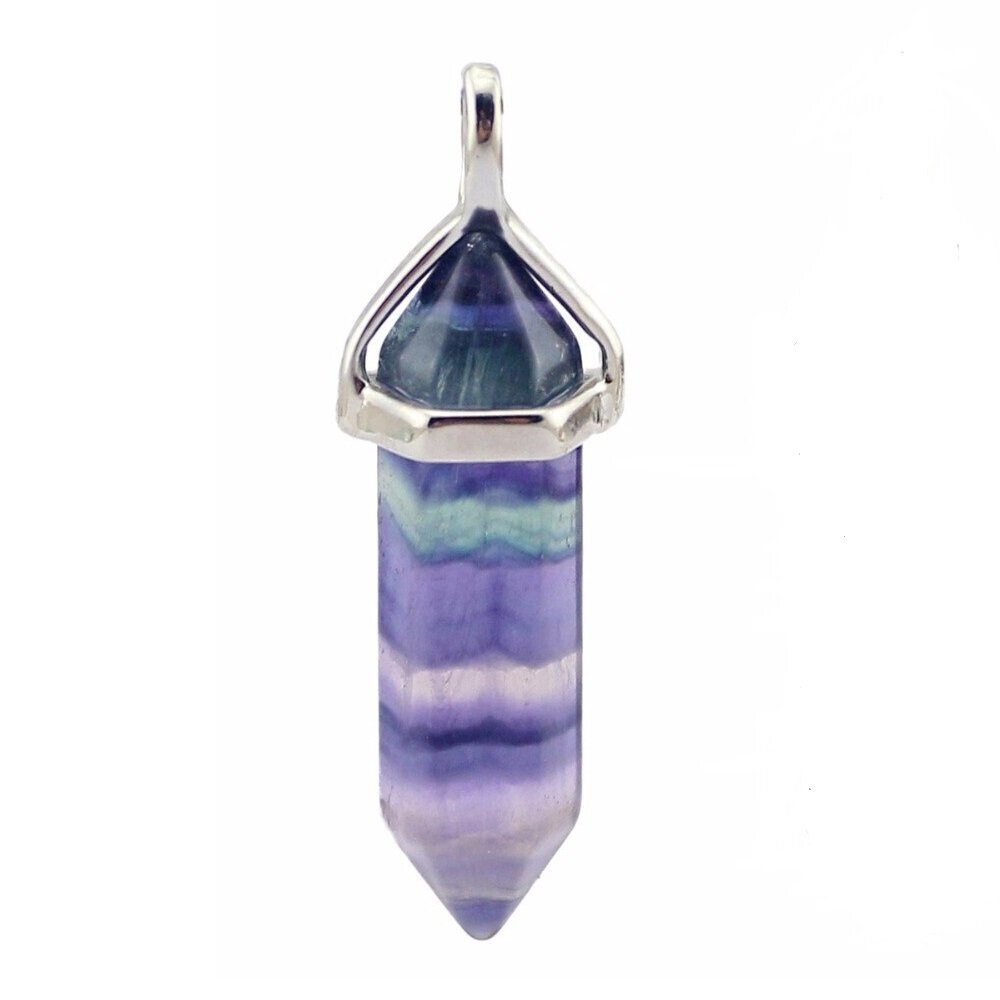 Pendentif motif colonne hexagone, handmade, en pierre fine naturelle fluorite, et chaîne cordon en coton ciré, 50 cm, neuf