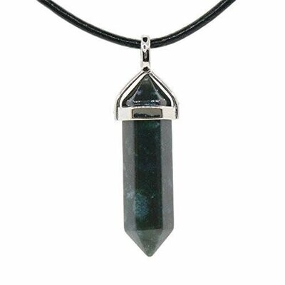 Pendentif motif colonne hexagone, handmade, en pierre fine naturelle agate mousse, et chaîne cordon en coton ciré, 50 cm, neuf