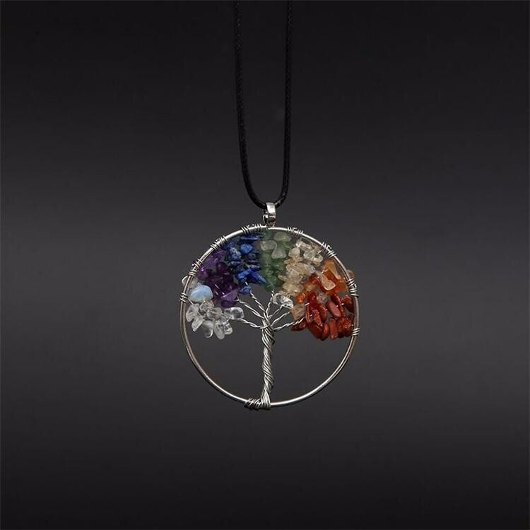 Pendentif d'harmonisation handmade en métal argent et pierres fines naturelles, 7 pierres, thème des 7 chakras, diam : 5 cm, neuf