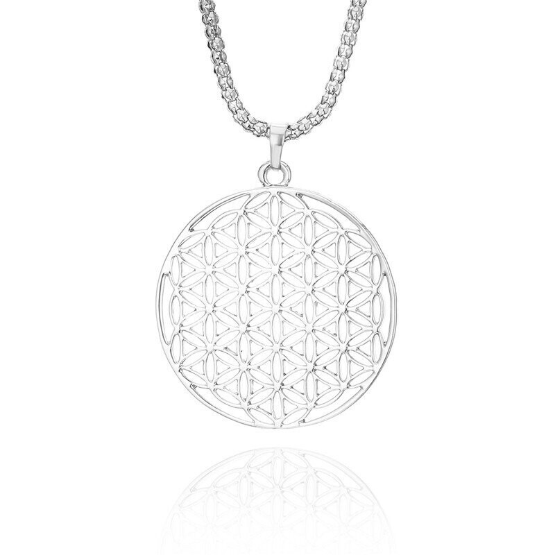Pendentif motif fleur de vie en métal argent, chaîne mailles, neuf