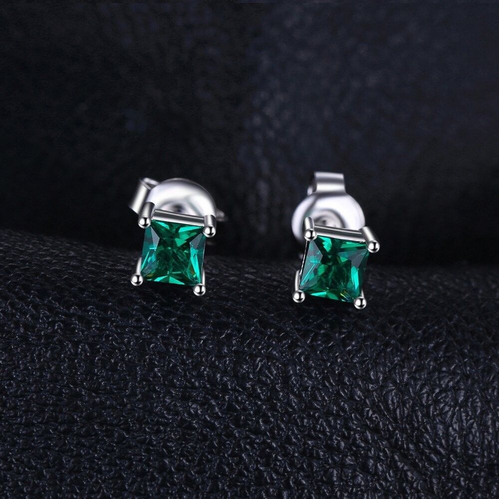 Boucles d'oreilles modèle "puces", avec pierre fine naturelle émeraude de 0,54 carats, fermoir en argent sterling 925, neuves
