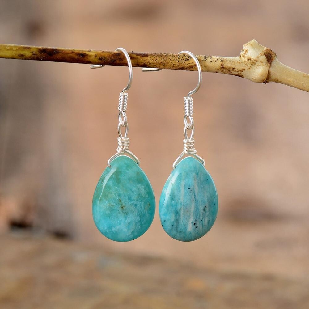 Boucles d'oreilles 'goutte' , avec pierre fine naturelle amazonite, fermoir argent sterling 925 rhodié, neuves