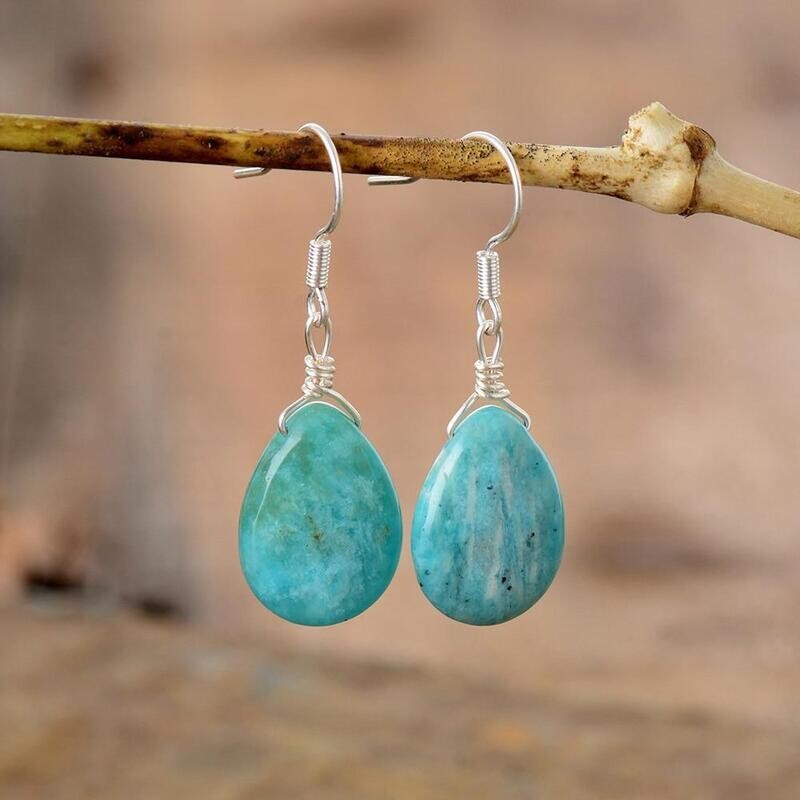 Boucles d'oreilles 'goutte' , avec pierre fine naturelle amazonite, fermoir argent sterling 925 rhodié, neuves