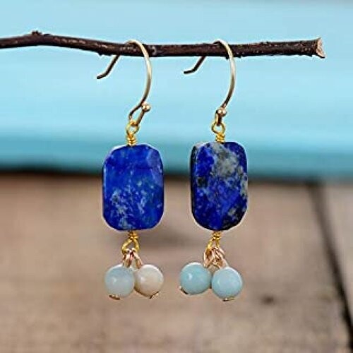 Boucles d'oreilles  avec pierre fine naturelle amazonite et lapis lazuli, fermoir cuivre or et alliage de zinc, neuves  -  ? livraison gratuite  -