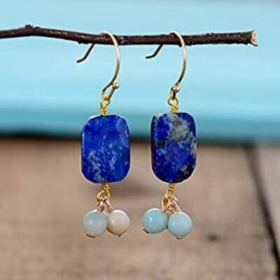 Boucles d'oreilles  avec pierre fine naturelle amazonite et lapis lazuli, fermoir cuivre or et alliage de zinc, neuves  -  ? livraison gratuite  -