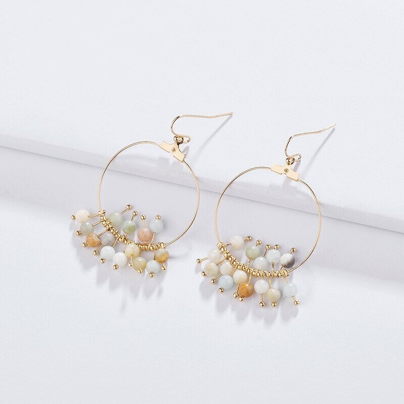 Boucles d'oreilles modèle anneau avec perles en pierre fine naturelle amazonite, anneaux en fermoir cuivre or et alliage de zinc, neuves - ?livraison gratuite - Boucles d'oreilles modèle anneau avec perles en pierre fine naturelle amazonite, anneaux en fermoir cuivre or et alliage de zinc, neuves - ?livraison gratuite -