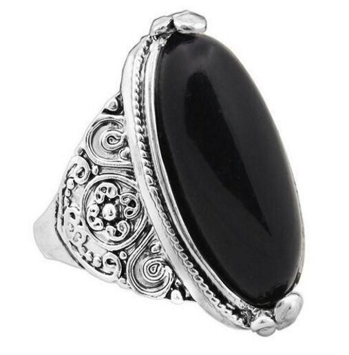 Bague avec pierre fine naturelle onyx noir, look rétro tibétain, diamètre de l'anneau : 1,9 cm, neuve