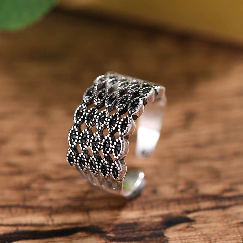 Bague rétro chic avec fines marcassites, plaqué argent sterling 925 rhodié,  ajustable, neuve  -  ?livraison gratuite  -