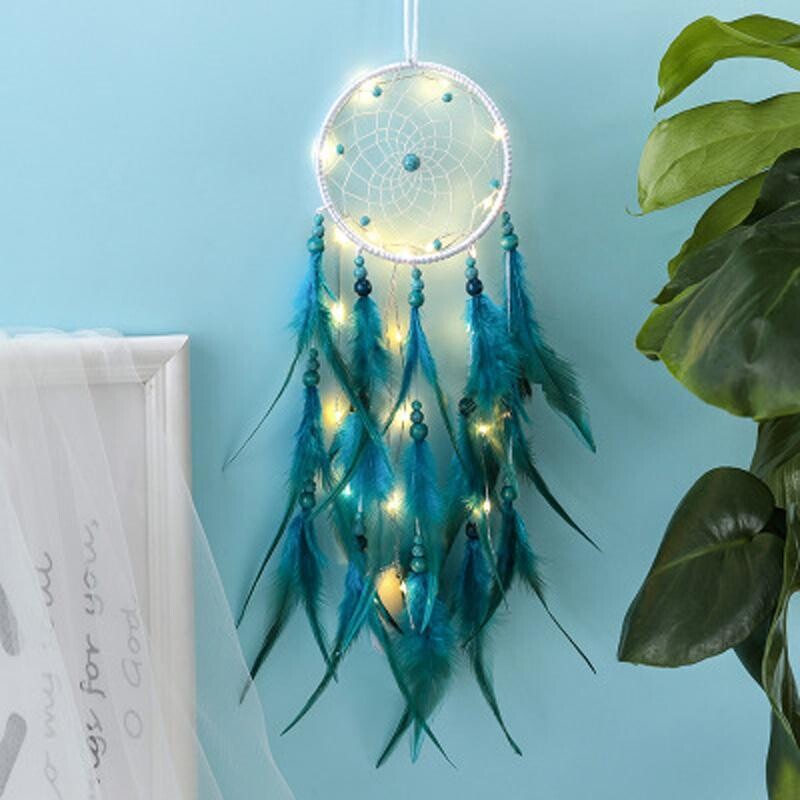 Dreamcatcher, attrape-rêves, handmade, avec plumes couleurs bleu turquoise et vert, hauteur 55 cm, neuf