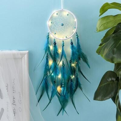 Dreamcatcher, attrape-rêves, handmade, avec plumes couleurs bleu turquoise et vert, hauteur 55 cm, neuf