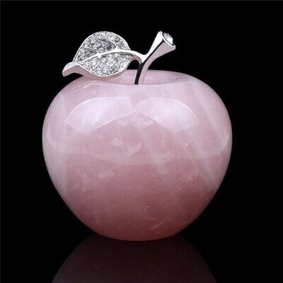 Presse papier ou figurine déco, handmade, en pierre fine naturelle  quartz rose, motif pomme et feuille avec zircons, neuf