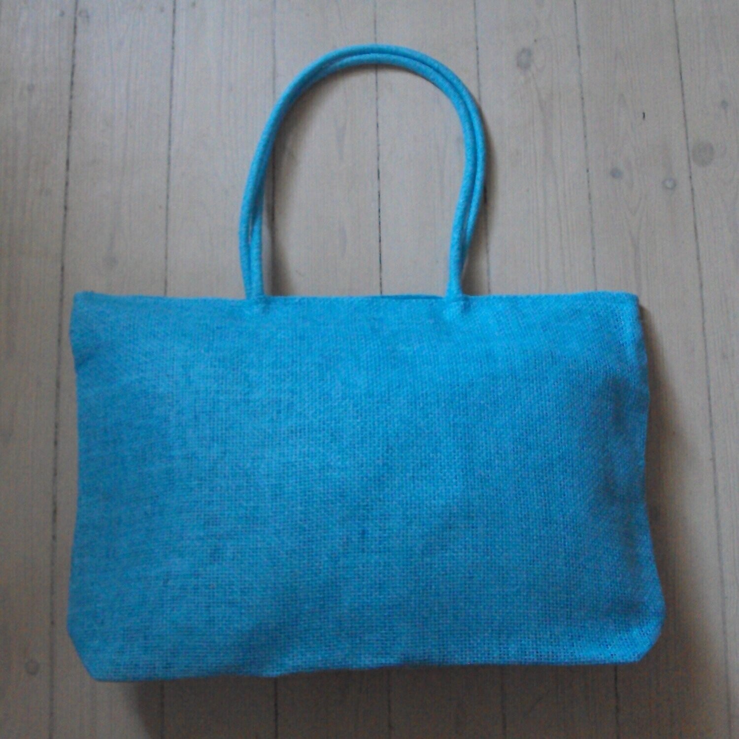 Sac handmade modèle cabas, en jute couleur bleu turquoise, 50 cm sur 32 cm, neuf