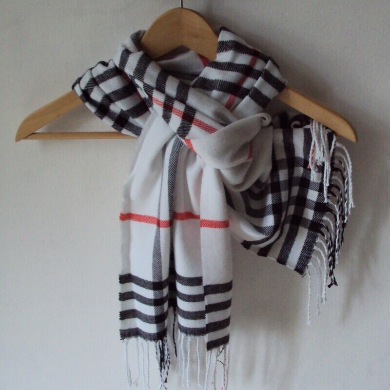 Echarpe en laine mélangée, motif tartan, couleurs blanc-noir-rouge, 30 cm sur 180 cm, neuve