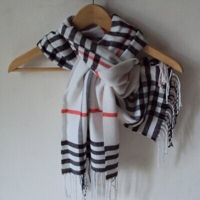 Echarpe en laine mélangée, motif tartan, couleurs blanc-noir-rouge, 30 cm sur 180 cm, neuve