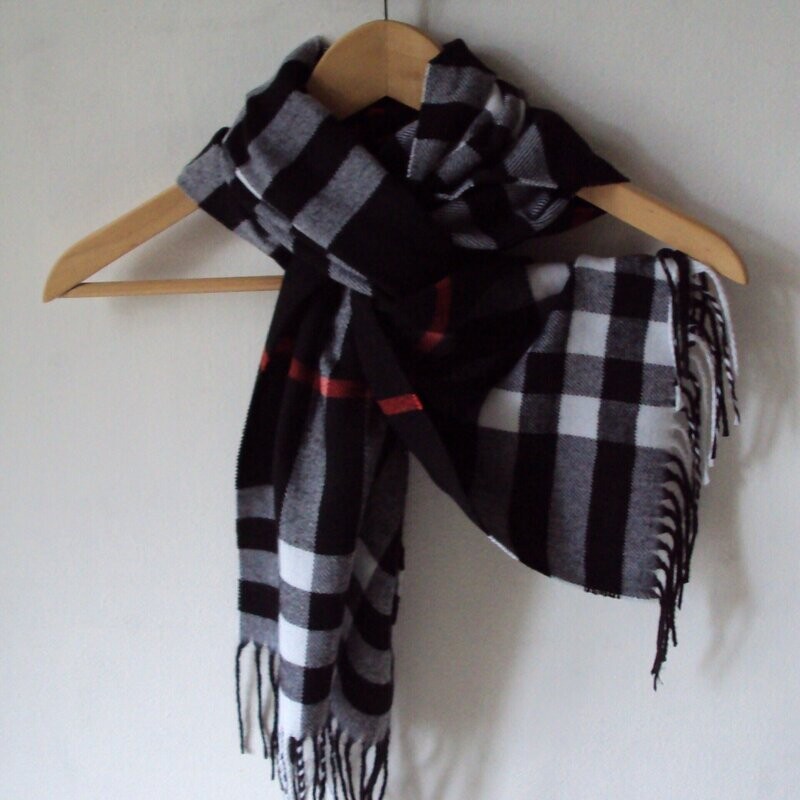 Echarpe en laine mélangée, motif tartan, couleurs noir-rouge-blanc-gris, 30 cm sur 180 cm, neuve