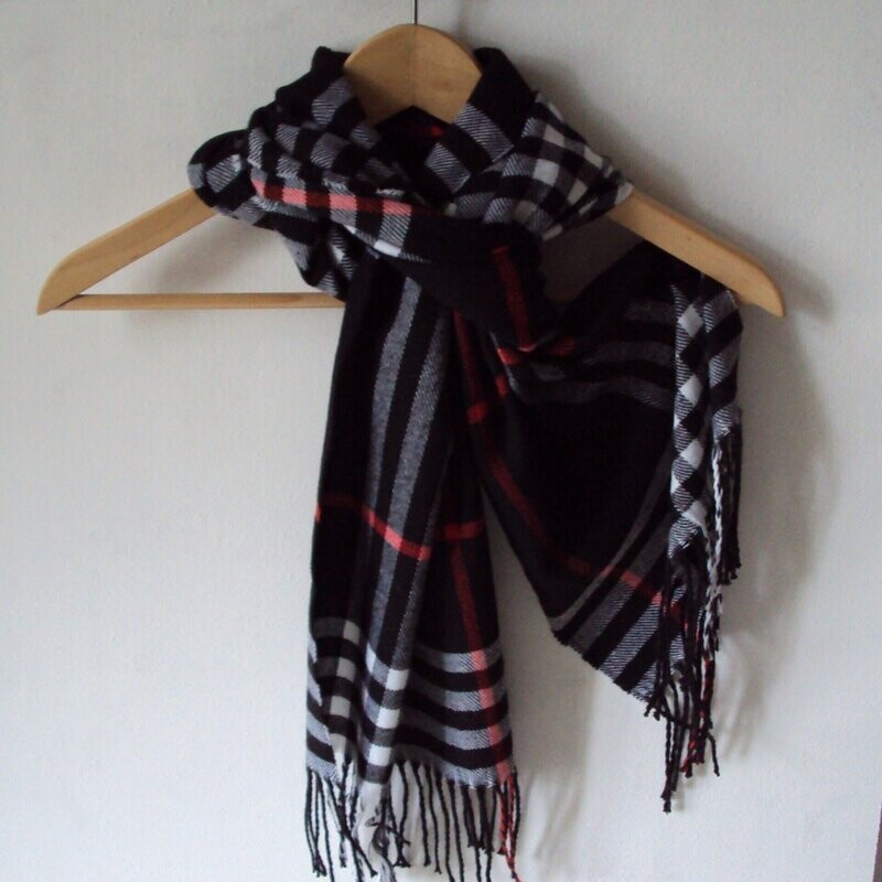 Echarpe en laine mélangée, motif tartan, couleurs noir-rouge-blanc-gris, 30 cm sur 180 cm, neuve