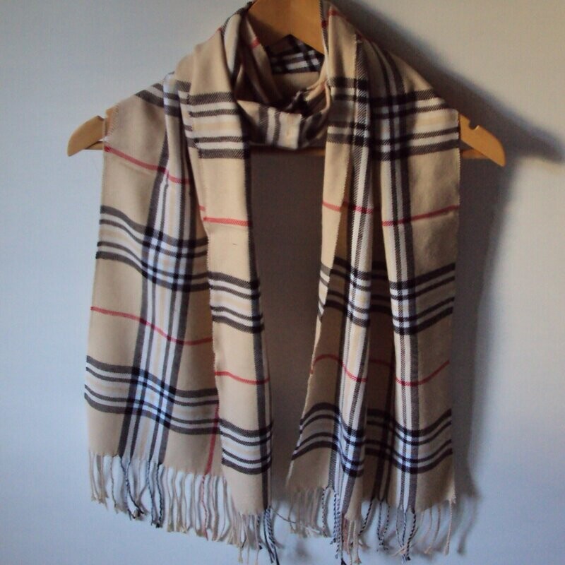 Echarpe en laine mélangée, motif tartan, couleurs camel-noir-rouge-blanc, 30 cm sur 180 cm, neuve