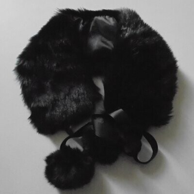 Col écharpe en fausse fourrure, vegan, couleur noir , avec rubans à nouer et pompons, 10 cm sur 60 cm, neuve