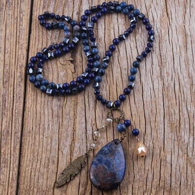 Collier sautoir, look bohème chic, perles fantaisie en verre bleu, et perles en lapis lazuli, longueur : 86 cm, neuf