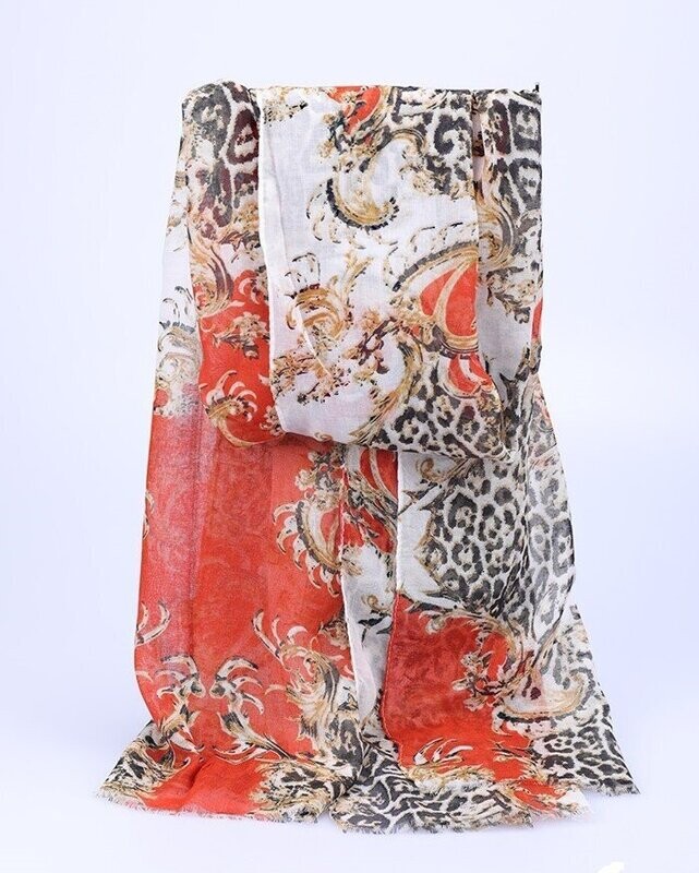 Foulard-écharpe, en viscose, motif animalier et végétal, blanc-orange-ocre-noir, 90 cm sur 180 cm, neuf