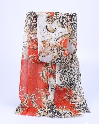 Foulard-écharpe, en viscose, motif animalier et végétal, blanc-orange-ocre-noir, 90 cm sur 180 cm, neuf