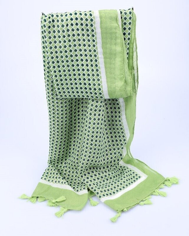 Foulard-écharpe, en viscose, motif géométrique, en verts, 80 cm sur 180 cm, neuf