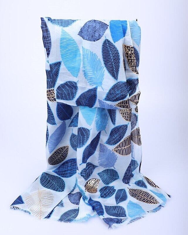 Foulard-écharpe, en viscose, motif végétal, bleu marine, bleu turquoise, bleu pastel, bleu nuit, or, blanc, 80 cm sur 180 cm, neuf