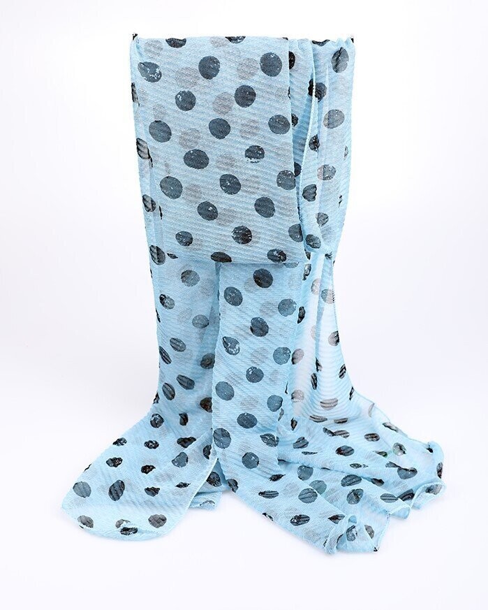 Foulard-écharpe, en viscose, motif  à gros pois couleur noir sur fond bleu clair, 80 cm sur 180 cm, neuf